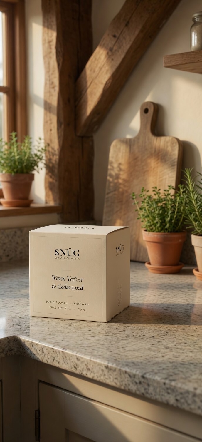 The Snüg gift set — a candle and spray boxed by hand, on a kitchen counter.